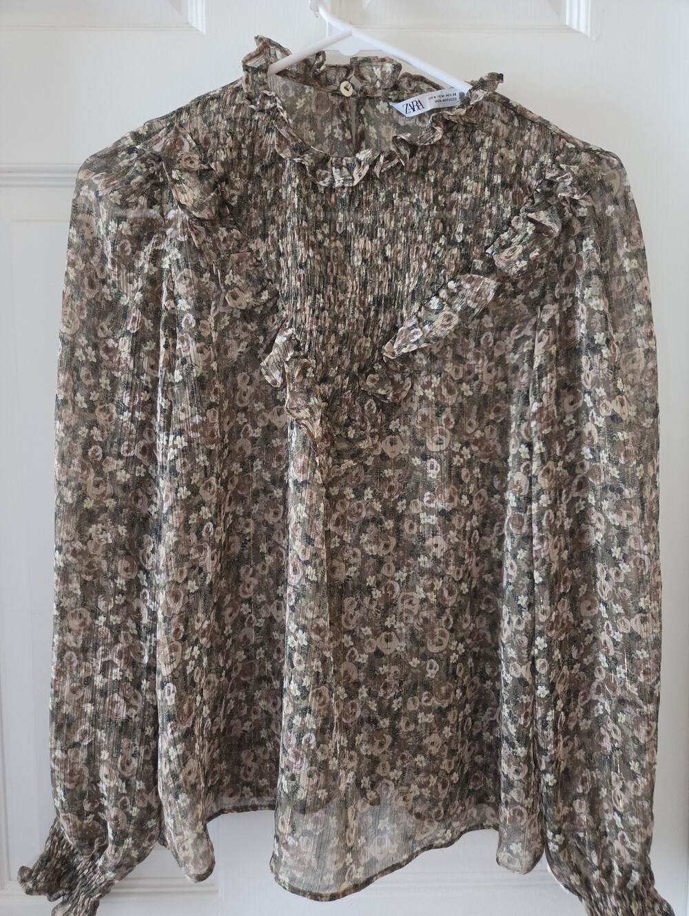 ZARA Olive and Tan Floral Ruffle Shirt